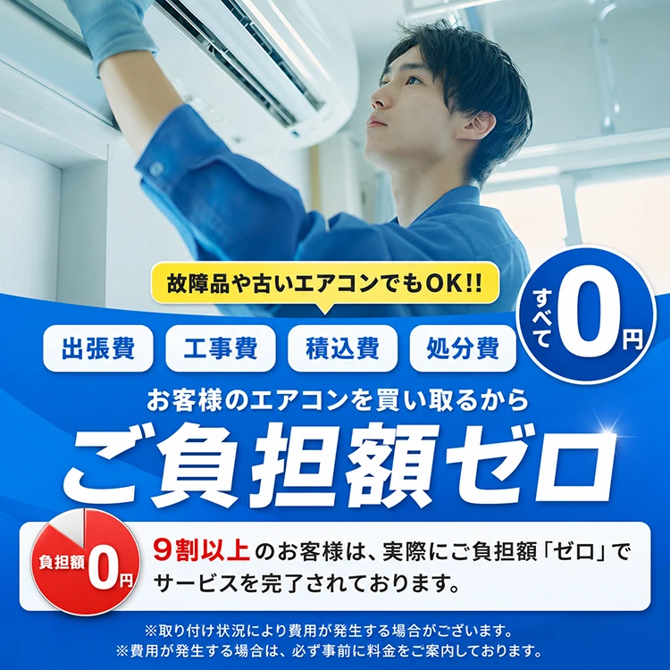 出張費、工事費、積込費、処分費すべて0円。お客様のエアコンを買い取るからご負担額ゼロ！