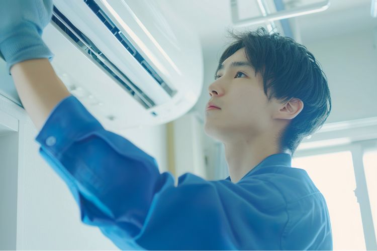 エアコンを回収するスタッフ