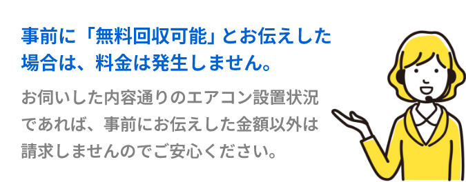事前に「無料回収可能」とお伝えした場合は、料金は発生しません。お伺いした内容通りのエアコン設置状況であれば、事前にお伝えした金額以外は請求しませんのでご安心ください。